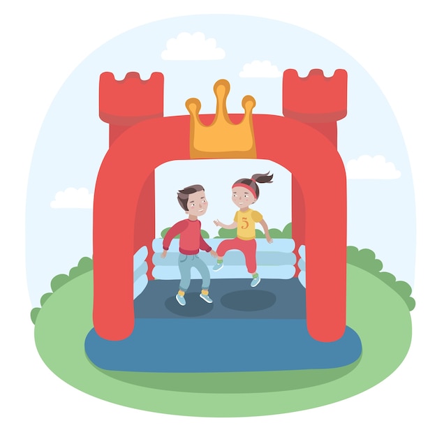 Ilustración de niños saltando en un colorido castillo de trampolín inflable pequeño gorila de aire en el prado