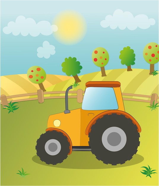 Vector ilustración de niños de tractor de granja, ilustración de granja, ilustración de tractor, tractor de niños lindos