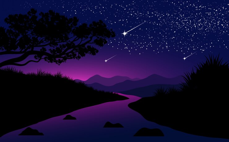 Vector ilustración de noche estrellada con río
