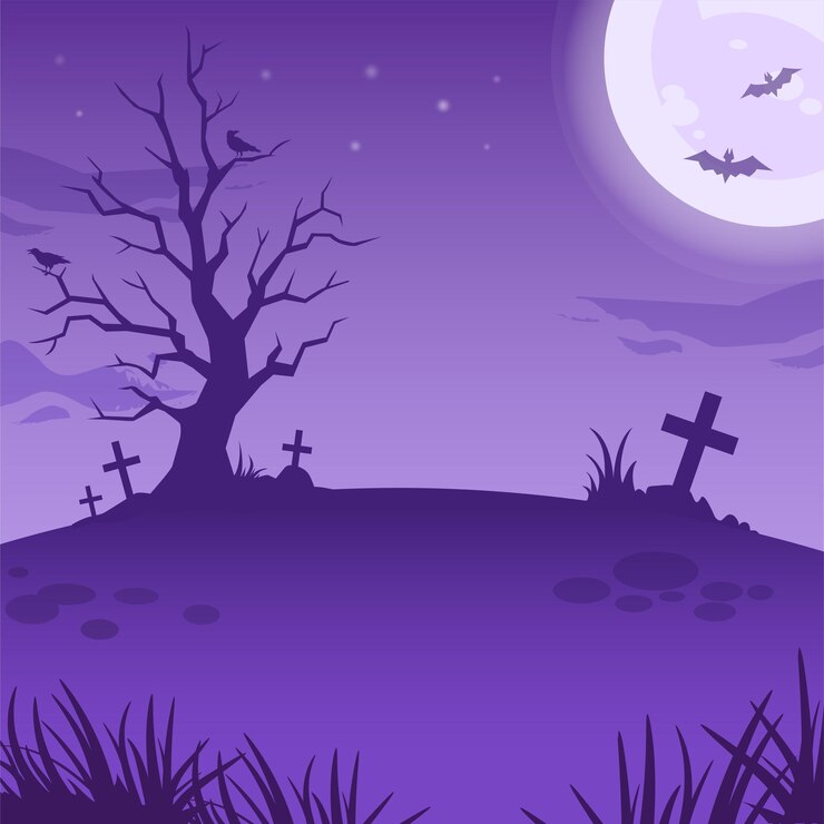 Ilustración de la noche de Halloween con una gran luna brillante, murciélagos voladores, árbol aterrador, tumbas y cruces