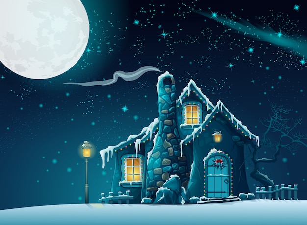 Ilustración de una noche de invierno con una casa fabulosa a la luz de la luna