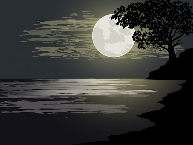 Vector ilustración de noche en el mar con luna llena.