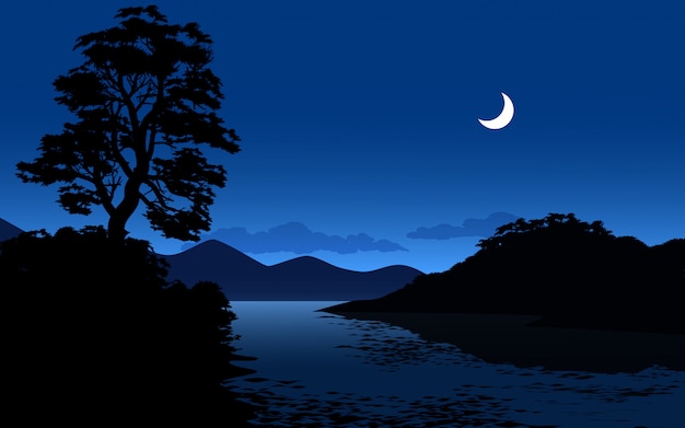 Vector ilustración nocturna con río y luna