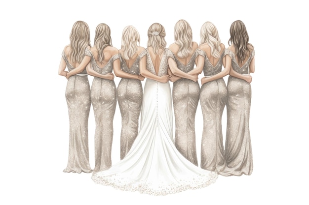 ilustración, de, un, novia, y, damas de honor, en, elegante, vestidos, vista trasera