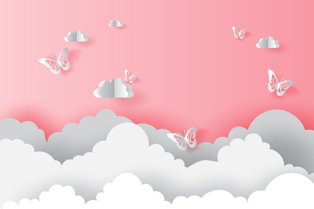 Ilustración Nube de arte de papel con mariposas en concepto de San Valentín rosa Mariposa volando en el cielo