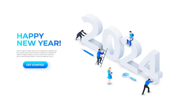 La ilustración de números isométricos del Año Nuevo 2024 Página de aterrizaje con personas Año de inicio