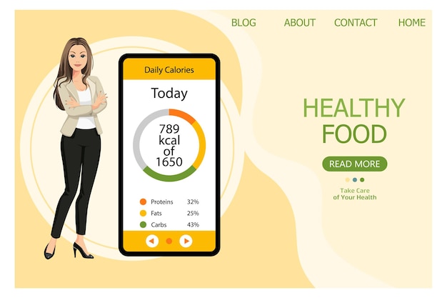 Ilustración de una nutricionista con un plan de dieta diaria en una tableta Concepto de comida saludable