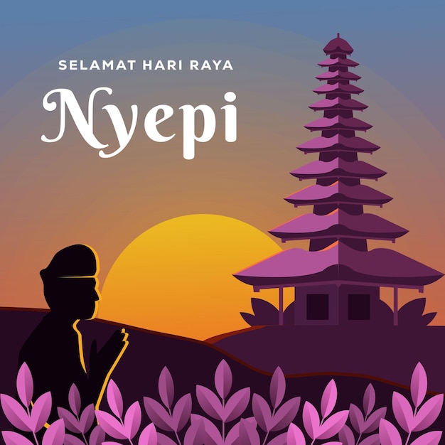 Ilustración de nyepi saludando el día del silencio de balis con una persona que ora