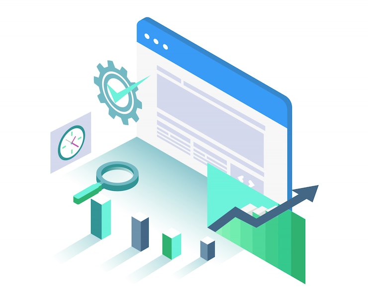 Vector ilustración de objeto de gráfico de optimización de motor de búsqueda de interfaz isométrica