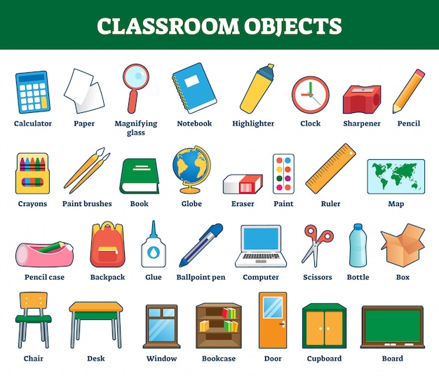 Vector ilustración de objetos de aula. colección etiquetada para niños que aprenden