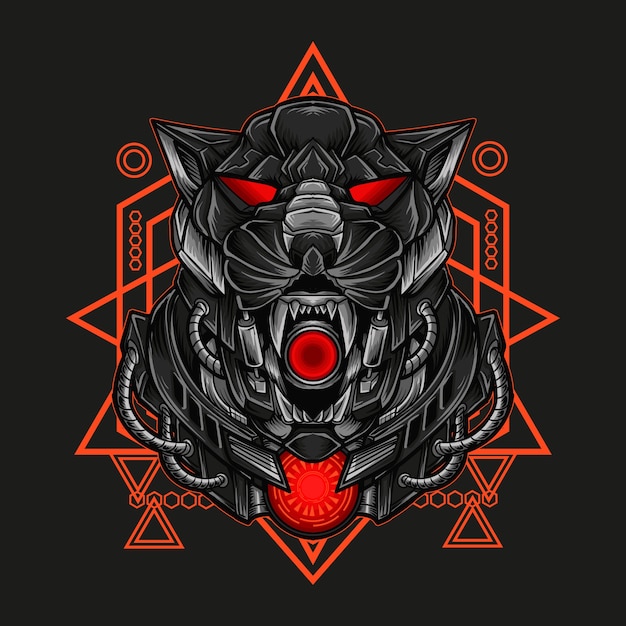 Ilustración de obra de arte y camiseta cabeza de robot pantera mecha con geometría sagrada