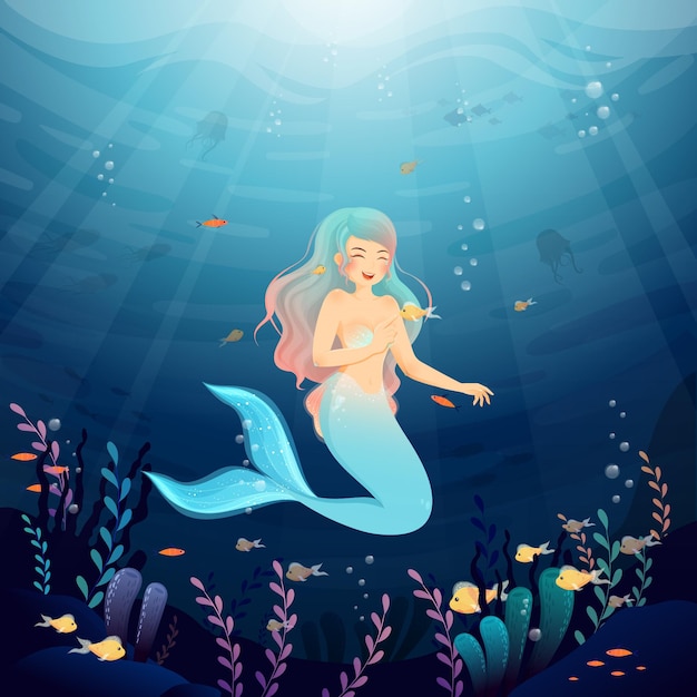 Vector ilustración del océano de la hermosa sirena