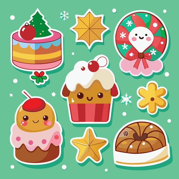 Una ilustración de ocho pegatinas de dibujos animados con temática navideña, incluidas estrellas de pasteles y un bastón de caramelo