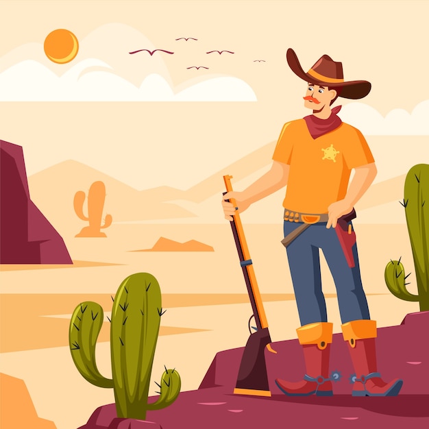 Ilustración del oeste salvaje dibujada a mano con un vaquero en un paisaje desértico