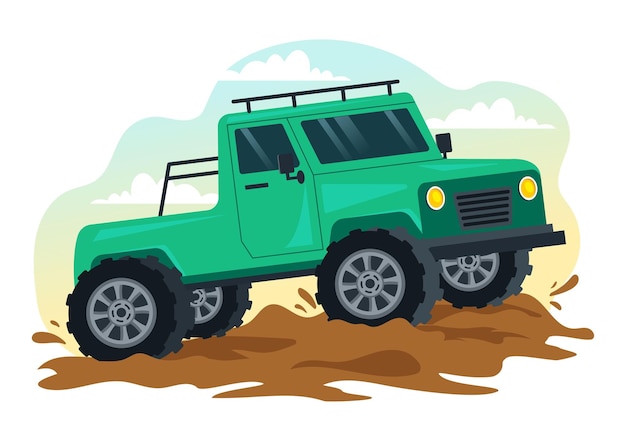 Ilustración off road con un jeep car o suv para pasar a través de terreno rocoso y arena dibujada a mano