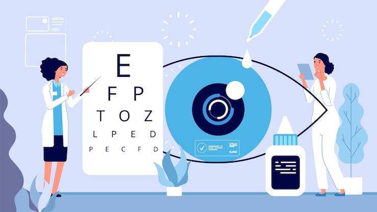 Vector ilustración de oftalmología. el oftalmólogo comprueba el concepto de vector de visión. prueba de ojos ópticos de mujer oculista. ilustración de vector de clínica de oftalmología. visión médica en el hospital, tratamiento oftalmológico.