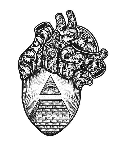 Vector ilustración de ojo de illuminati vectorial con corazón de ornamento grabado