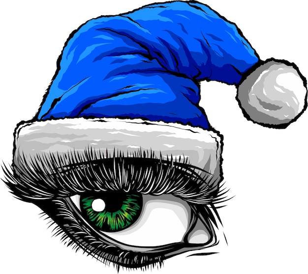 Ilustración de ojo de mujer con sombrero de Navidad sobre fondo blanco.
