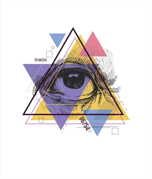 Ilustración de ojos y formas de triángulos, fondo geométrico.