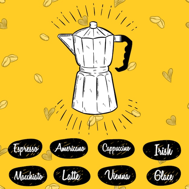 Ilustración de olla moka y menú de café con estilo de dibujo