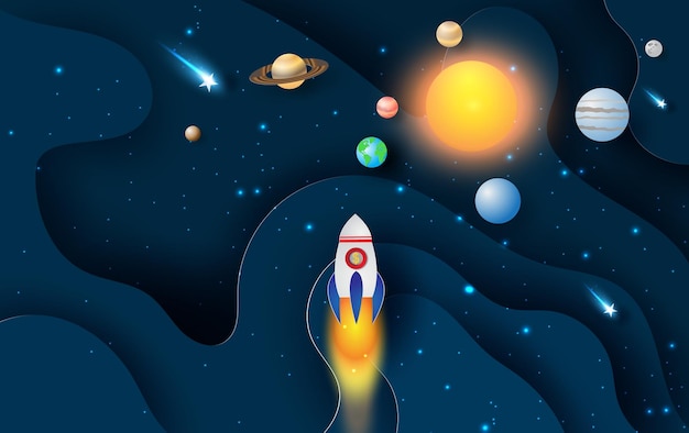 Ilustración de onda de curva abstracta con inicio de cohete de lanzamiento para el círculo del sistema solar. Exploración espacial de la galaxia con el concepto de satélite y planetas en el vector de fondo de la noche oscura. Arte de papel y corte.