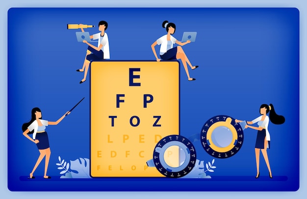 Ilustración de los optometristas que usan snellen y marcos de prueba para medir el trastorno de miopía de los pacientes