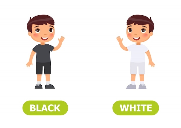 Ilustración de los opuestos. Niño de negro y con ropa blanca. Tarjeta de ayuda para la enseñanza, para aprender un idioma extranjero.