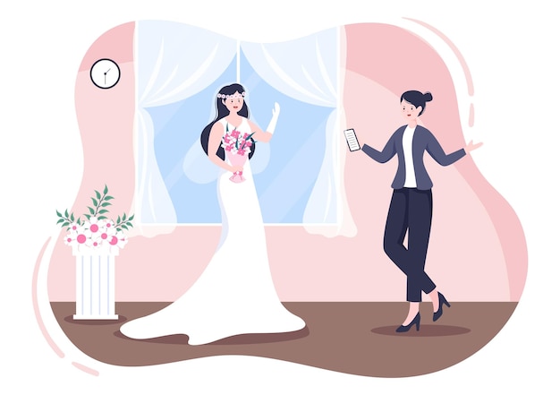 Vector ilustración del organizador de bodas que brinda servicio de decoración o hace planes antes de la ceremonia de matrimonio