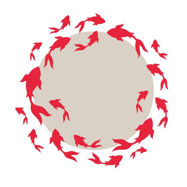 Ilustración oriental dibujada a mano con carpas koi rojas en vector. Círculo dibujado a mano de peces.