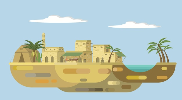 Vector ilustración de oriente medio, pueblo árabe en el desierto, oasis en el desierto