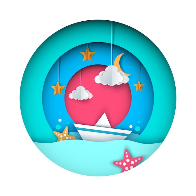 Ilustración de origami de papel. Barco, nube, estrella, luna.