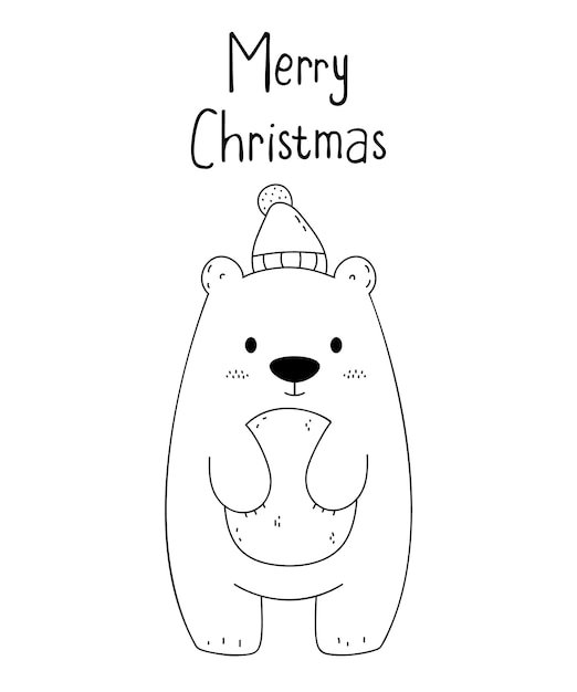 Ilustración original de dibujo vectorial de lindo oso blanco de invierno en una gorra de punto. gorro de Papá Noel.