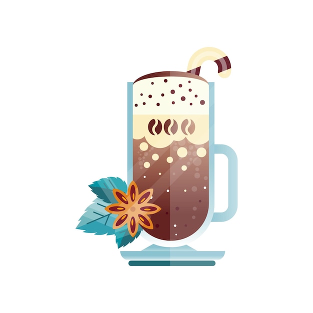 Ilustración original de una sabrosa bebida de café con bastón de caramelo. Anís estrellado y hojas verdes. Taza transparente de deliciosa bebida caliente con cobertura de chocolate. Icono de vector plano con degradados y textura.