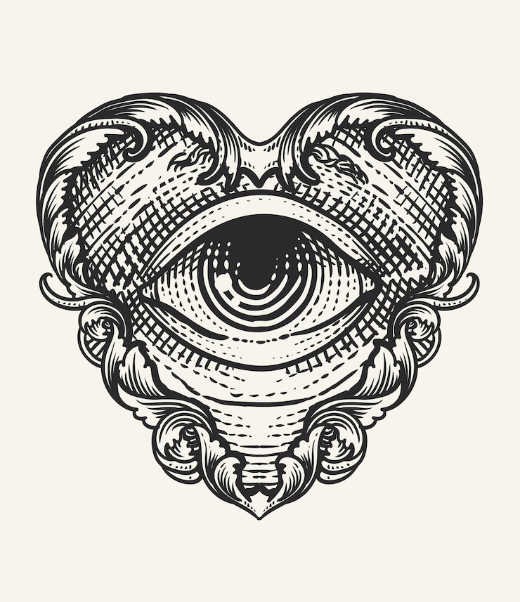 Vector ilustración de un ornamento de corazón con el ojo de dios que todo lo ve dibujado a mano