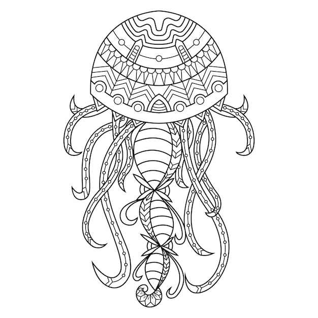 Ilustración de ornamento de mandala de medusas en libro de colorear de estilo lineal