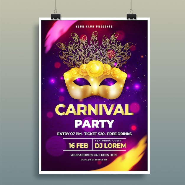 Vector ilustración de oro brillante de la máscara del carnaval en backgrou púrpura del bokeh