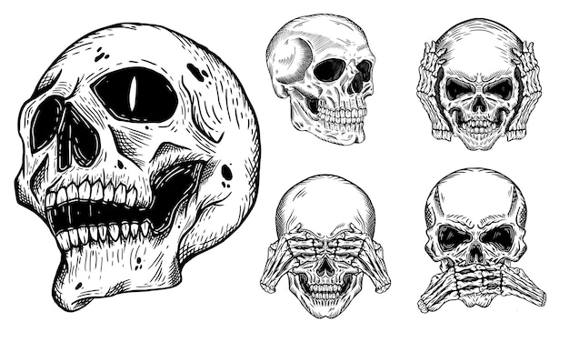 Ilustración oscura Cabeza de calavera Dibujado a mano Estilo de contorno para incubar