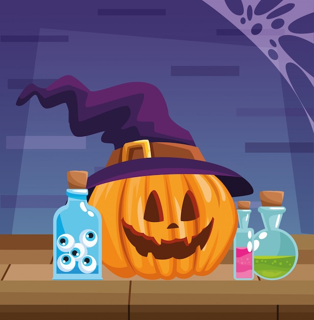 Ilustración oscura de Halloween con calabaza y sombrero de bruja