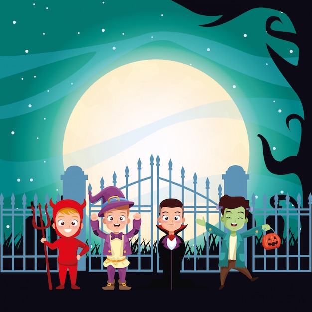 Ilustración oscura de Halloween con personajes disfrazados de niños