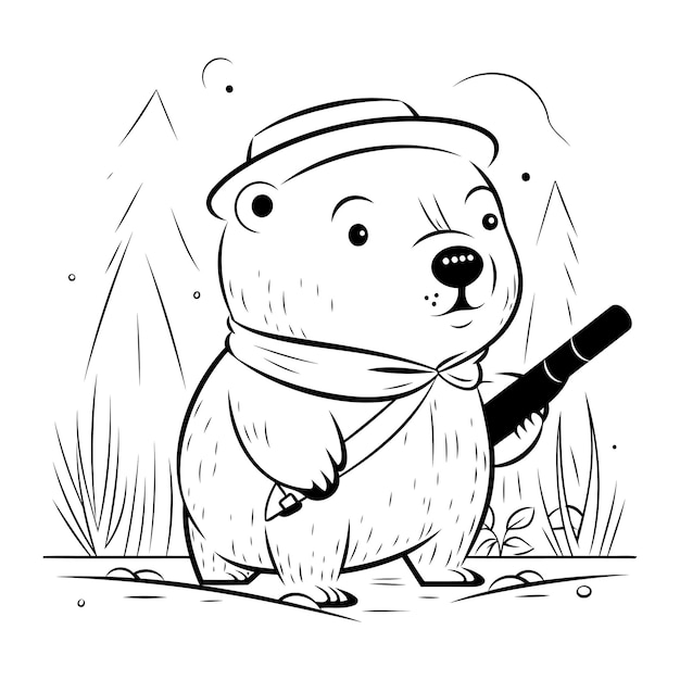 Ilustración de un oso con un bate de béisbol en un fondo de la naturaleza