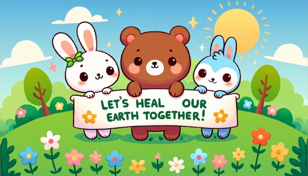 Ilustración con un oso y conejos sosteniendo un cartel que dice LET'S HEAL OUR EARTH TOGETHER