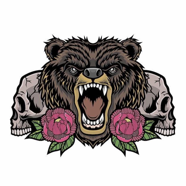 Ilustración de oso y cráneo aislado en blanco.