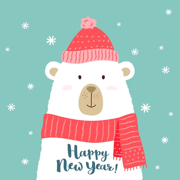 Ilustración de oso de dibujos animados lindo en gorro y bufanda con saludo de feliz año nuevo escrito a mano.