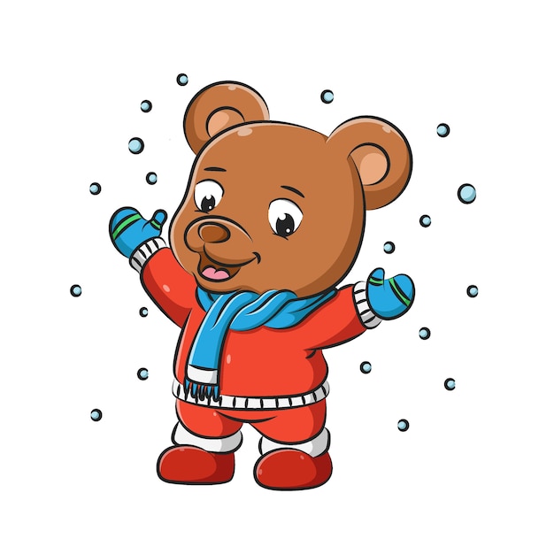 La ilustración del oso pardo con el suéter rojo y la bufanda está jugando en la nieve.