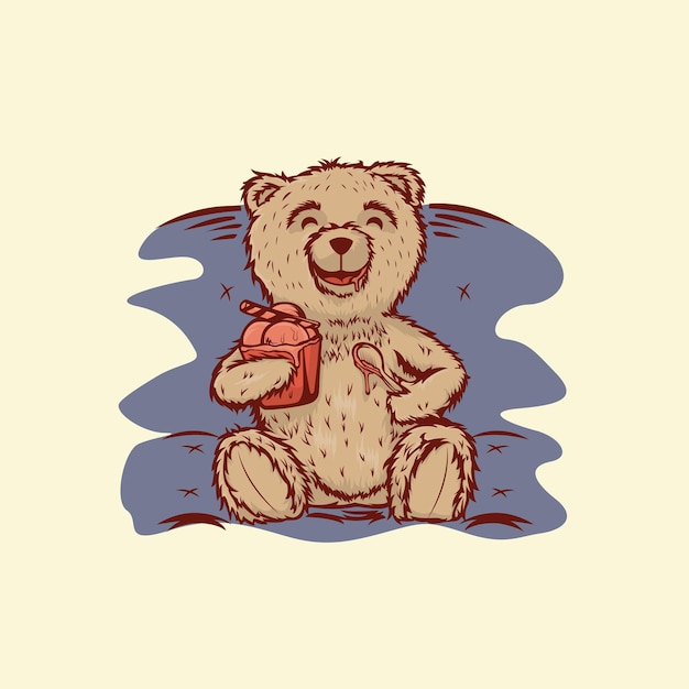 Ilustración de un oso de peluche marrón comiendo helado con una cuchara sobre un fondo crema