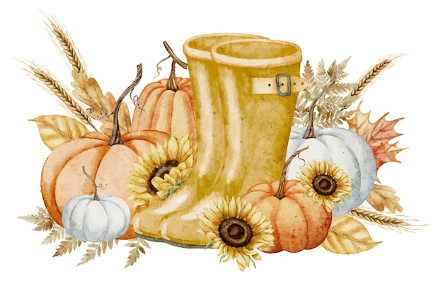 Ilustración de otoño en acuarela con calabazas, girasoles y botas de goma amarillas Dibujo con otoño