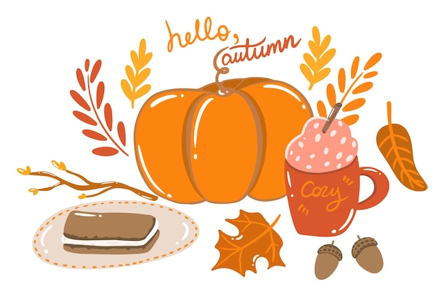 Ilustración de otoño con calabaza y bebida y hojas de naranja