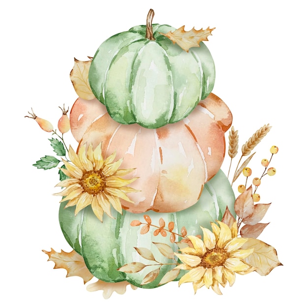 Ilustración de otoño de calabazas y girasoles de acuarela.