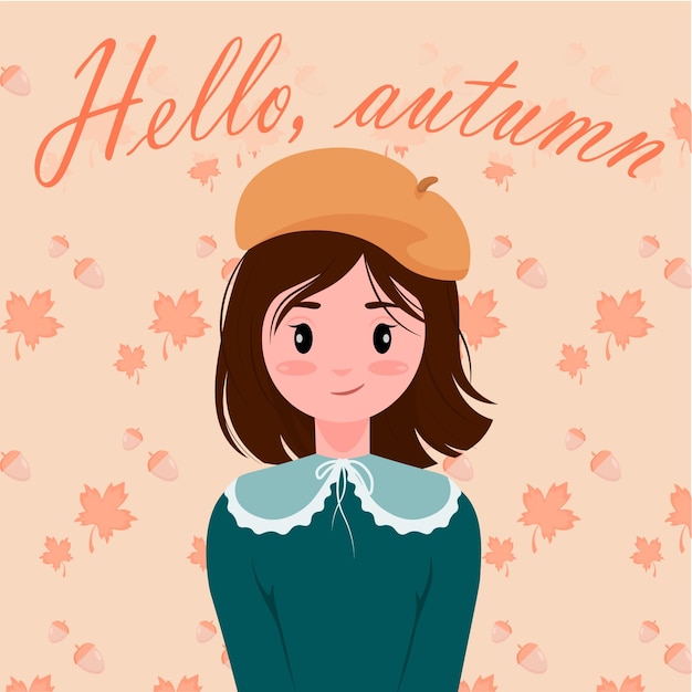 Ilustración de otoño, una chica con boina.