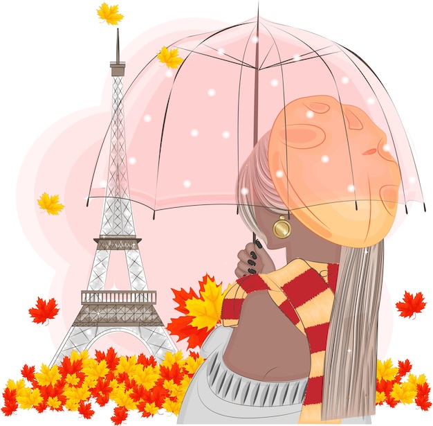 Vector ilustración de otoño chica con paraguas frente a la ilustración de vector de torre eiffel